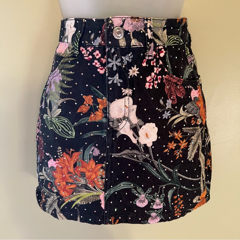 Topshop Moto Embellished Floral Denim Skirt, Size 4